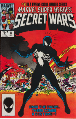 Marvel Super Heroes Secret Wars #8: First appearance of the Alien Symbiote (black costume). Click for values