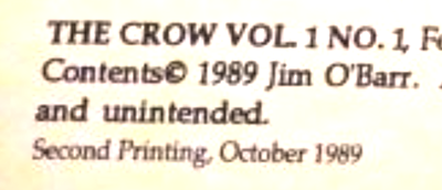 The Crow second printing indicia